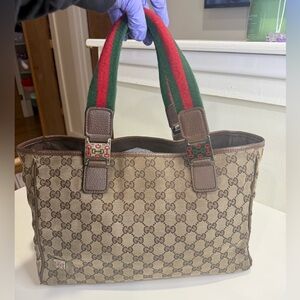 ❌ SOLD ❌ Gucci Beige Monogram Tote with Red and Green Straps